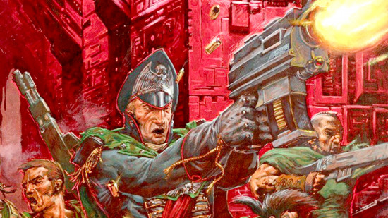 Warhammer 40k civil war story - Games Workshop image showing Gaunt's Ghosts in a spaceship, with Commissar Gaunt firing a bolt pistol