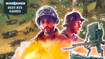 Best RTS games montage - screenshot from the game Star Wars: Empire at War, key art of American and German WW2 soldiers from Company of Heroes 3, and a steampunk mech from Iron Harvest