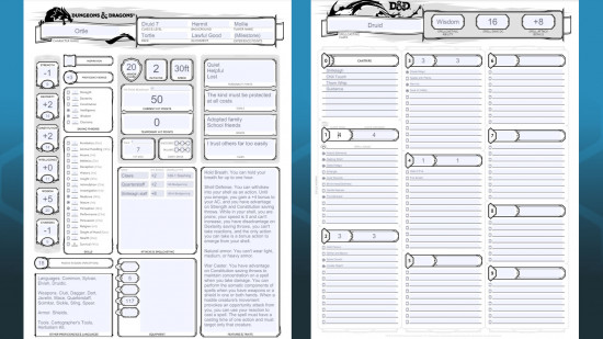 A filled out DnD character sheet