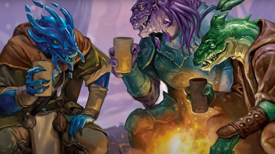 DnD Comprehend Languages 5e - Wizards of the Coast art of three Dragonborn drinking together