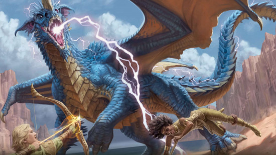 DnD editions - 5th edition illustration of a blue dragon breathing lightning at a nimble rogue