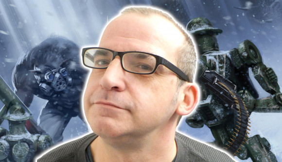 Ex Warhammer 40k designer Andy Chambers, a middle-aged man with black spectacles and shot grey hair, presented against an image of a robot and a werewolf