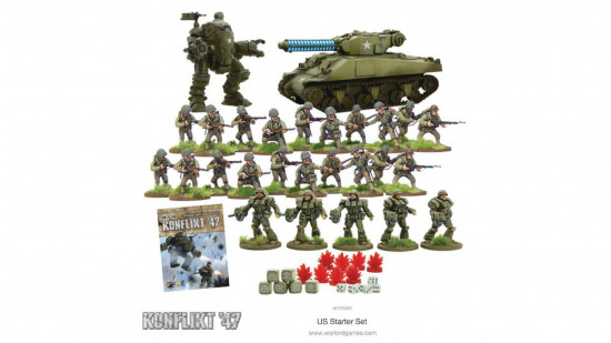 Konflikt 47 US starter army, featuring twenty regular US troopers, five in power armor, a tank with a tesla cannon, and a small mech