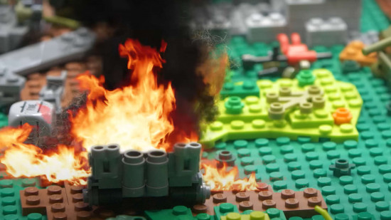 Lego Bolt Action burning wreck - the flaming remnants of a plastic Lego tank