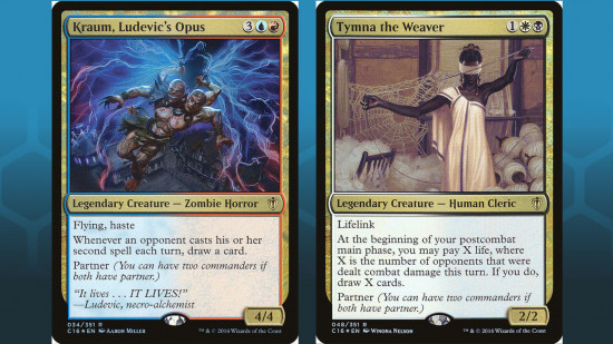 The MTG cards Kraum, Ludivuc's Opus and Tyman The Weaver