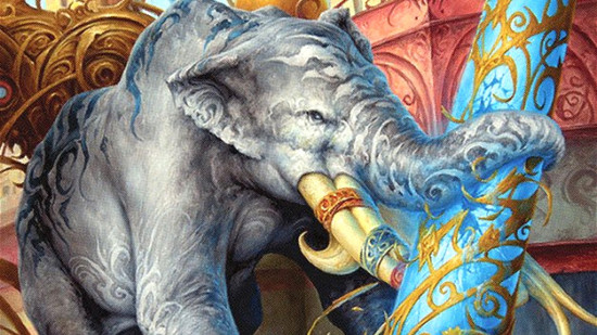 MTG art showing an elephant knocking over an ornate pillar