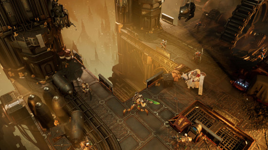 Mechanicus 2 screenshot, an Imperial foundry complex high in the air