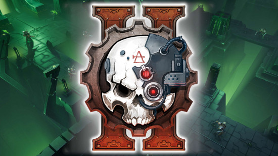 Mechanicus 2 logo, a white skull with a cybernetic cranial plate backed by a cog, against the Roman numerals II