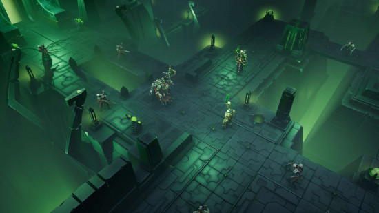 Screenshot from Mechanicus 2, the ominous dark green surrounds of a Necron Tomb complex
