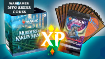 MTG Arena codes guide - Wargamer compound image including Wizards of the Coast sales photos for the Murders at Karlov Manor prerelease kit, the Adventures in the Forgotten Realms booster pack, and the MTG Arena XP logo, overlaid with a tab showing the Wargamer logo and the legend "MTG ARENA CODES"