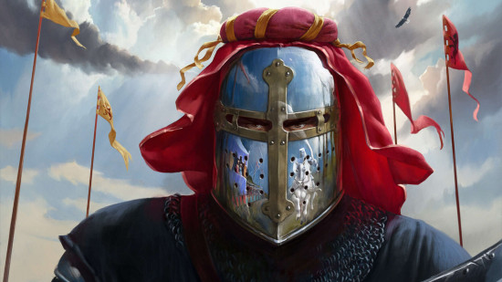 Paradox games Crusader Kings 3 Tours and Tournaments DLC image - closeup on a knight in a shining helmet