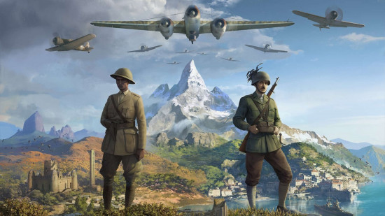 Paradox Games Hears of Iron IV By Blood Alone DLC key art - an Ethiopian and Italian soldier stand either side of a mountain, while WW2 planes soar overhead