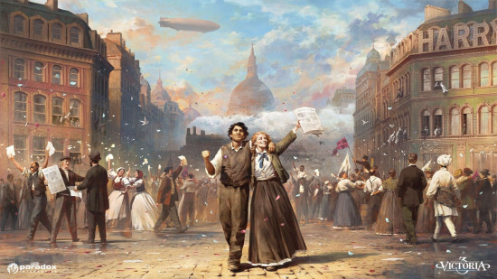 Paradox Games Victoria 3 - a crowd of workers in a prosperous Victorian city centre