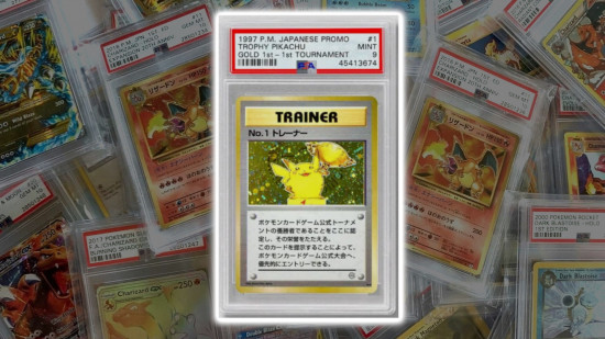 pikachu trophy card on a background of PSA card slabs