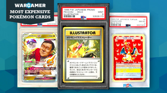 Rare and most expensive Pokémon cards guide - PSA sales images of the Pikachu Illustrator, Topsun Charizard, and Ishihara GX Pokémon cards, on a blue hex pattern background, with an overlaid panel with the Wargamer logo that reads most expensive Pokémon cards