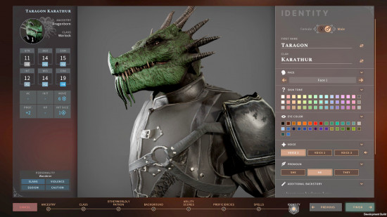 The DnD character creator screen in Solasta, the player designing a Dragonborn Warlock with green scales and steel armor