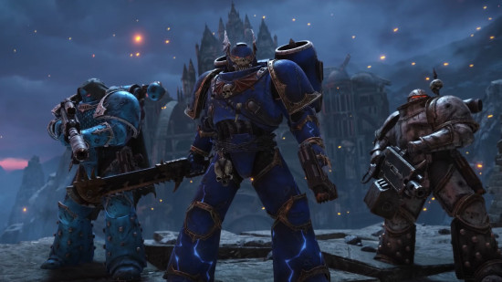 Space Marine 2 PVP multiplayer Chaos Space Marines - from left to right, an Alpha Legion sniper, a Night Lords Assault marine, and a Death Guard heavy