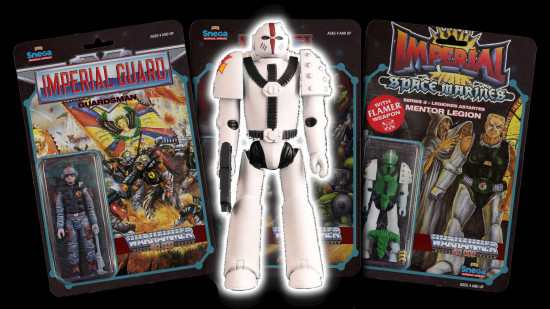 Retro Warhammer 40k action figures in packaging by Tammy Nichols, with a White Scars Space Marine in front of them