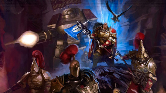 Warhammer 40k Adeptus Custodes art - a forces of gold-armored warriors wielding axes and spears, backed up by a dreadnought war machine, with a female warrior with a bare scalp, red topknot, and mouth-covering gorget in the fore