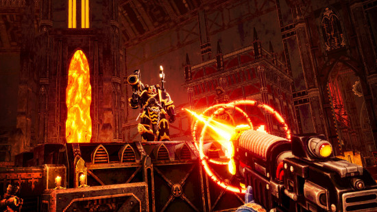 Warhammer 40k Boltgun DLC screenshot - the player shoots a missile-launcher toting Chaos Space Marine Havoc with a volkite caliver