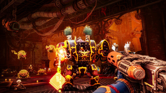 Warhammer 40k Boltgun DLC screenshot - a giant Chaos Space Marine Helbrute blasts the player