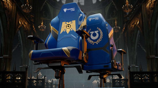 Warhammer 40k gaming chair, the SecretLab Titan Evo Warhammer 40,000 ultramarines edition, a sturdy blue desk chair with gold accents and iconography including a stylised eagle and an inverted Omega