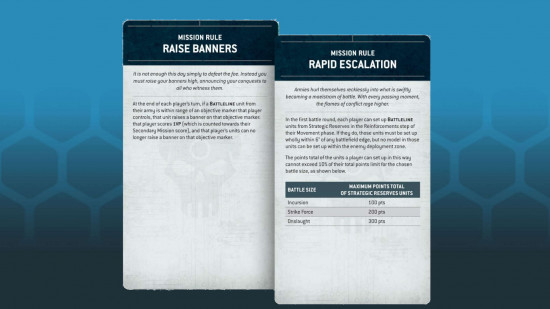Two Warhammer 40k Mission Rules cards