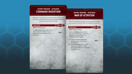 Two sample Warhammer 40k Secret Mission cards, with details on how they can be scored
