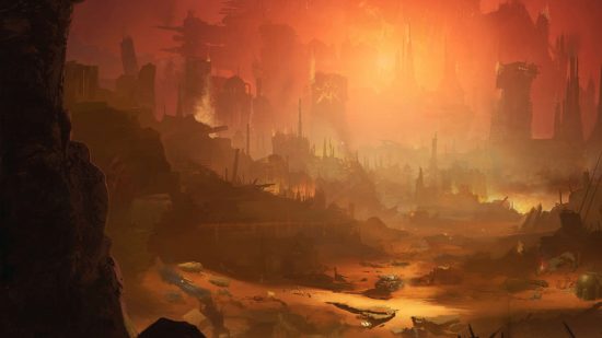 Warhammer 40k MTG card Ash Barrens illustrated by Sergei Panin, a strange city in a desert