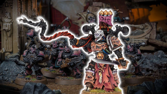 Warhammer 40k Noise Marines leader Lucius the Eternal, a Chaos Space Marine warrior with a bald, scarred head, a coiling daemonic whip, scarred face, and skin armor covered in screaming faces