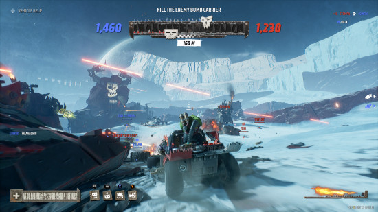 An Ork buggy races across an icy battlefield in the game Warhamemr 40k Speed Freeks