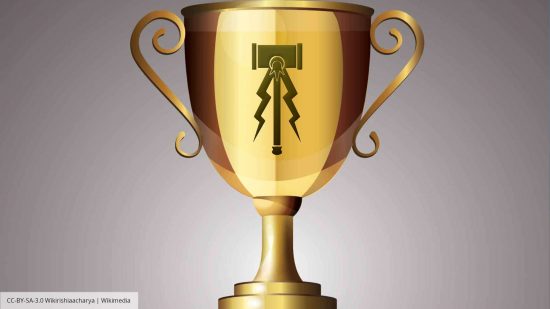 A Warhammer tournament trophy - vector art of a gold winners trophy by Wikirishiaacharya, with a logo of a hammer with two lightning bolts from Age of Sigmar