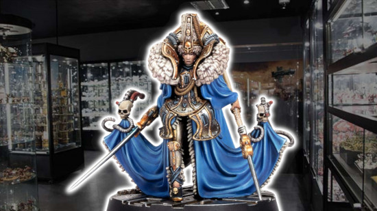 A Warhammer 40k Necromundan noble wearing silver and gold armor, a blue robe with massive furred collar, her train supported by two servoskulls