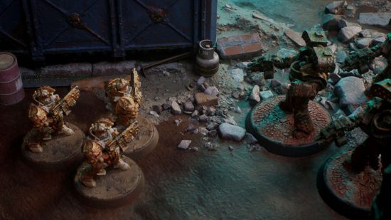 Warhammer 40k tabletop scene featuring Adeptus Custodes fighting Iron Warriors Siege Tyrant terminators, rendered in CGI by Sergei Panin
