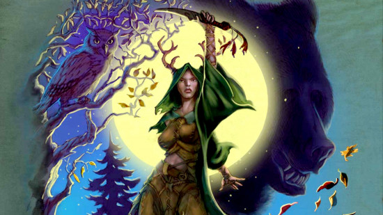 13th Age High Druid Icon, a woman with antlers and a green robe standing in front of a moon
