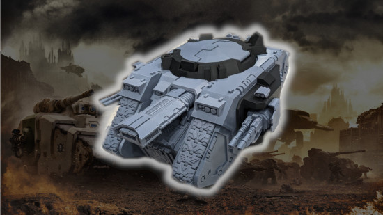 The 3D printed land raider tank on a Warhammer 40k background.