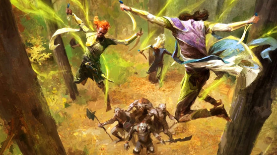 DnD art showing elves jumping down to attack orcs