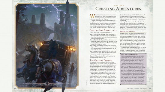 A two-page spread from the new DnD Dungeon Master's Guide giving advice on how to create adventures.