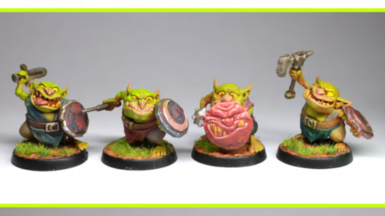 DnD goblin gang minis kickstarter - Goblin Gang image showing four goblin minis with shields