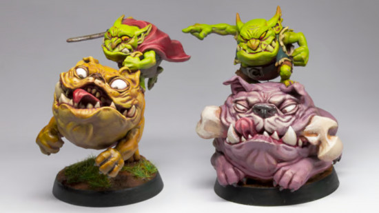 DnD goblin gang minis kickstarter - Goblin Gang image showing two goblins riding doglins, one holding a huge bone