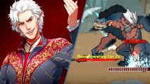DnD Idle Champions of the Forgotten Realms - key art of Astarion, a white haired elf vampire in a finely tailored shirt, and a game screenshot of a giant gnoll monster swinging a club