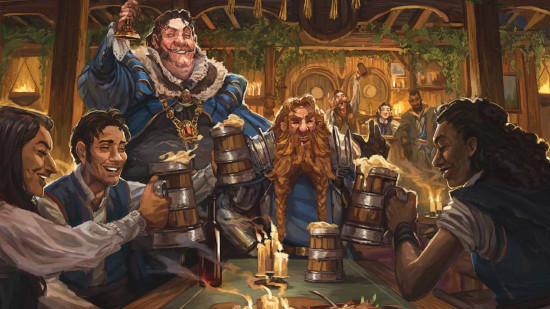 DnD LGBT characters at a tavern, a dwarf and a human share a drink