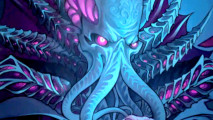 Closeup on a DnD mind flayer monster a blue tentacle-mouthed creature with glowing pink eyes
