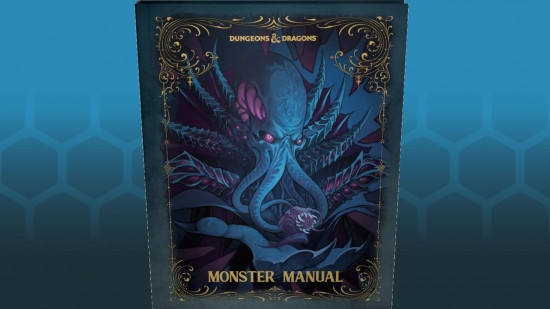 The alt cover for the OneDnD monster manual, a mind flayer monster a blue tentacle-mouthed creature with glowing pink eyes holding an illithid tadpole in its palm