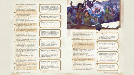 A two-page spread from the new player's handbook with the dialogue from an example of play, and boxes explaining the rules implications of what's happening.