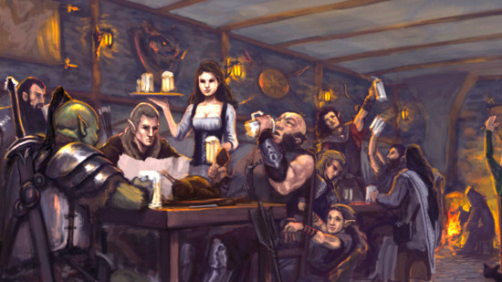How to play queer DnD characters - Wizards of the Coast atwork showing a collection of characters in a Dungeons and Dragons tavern, drinking ale, and singing