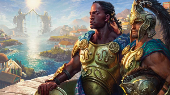 How to play queer DnD characters - Wizards of the Coast atwork showing two male heroes in Greek style armor, looking out over a harbor