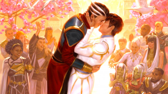 How to play queer DnD characters - Wizards of the Coast atwork showing two masc presenting characters kissing at their wedding, surrounded by guests and flowers