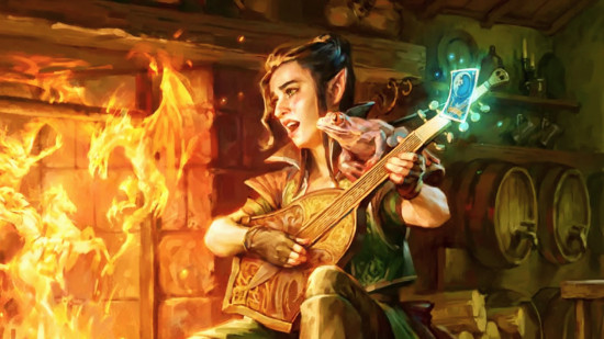 MTG card art for WIsh, showing a bard playing creating magical shapes in a nearby fireplace
