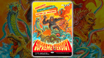 A secret lair version of the MTG card Supreme Verdict, showing Magic monster characters presented as Kaiju